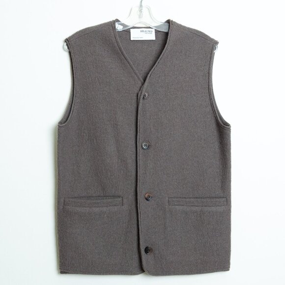 Selected Homme Boiled Wool Vest Mens Medium Brown Gillet - Picture 3 of 11